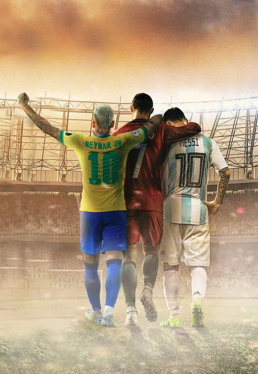 Trois joueurs de football de dos, en maillot de sélection, dans un stade